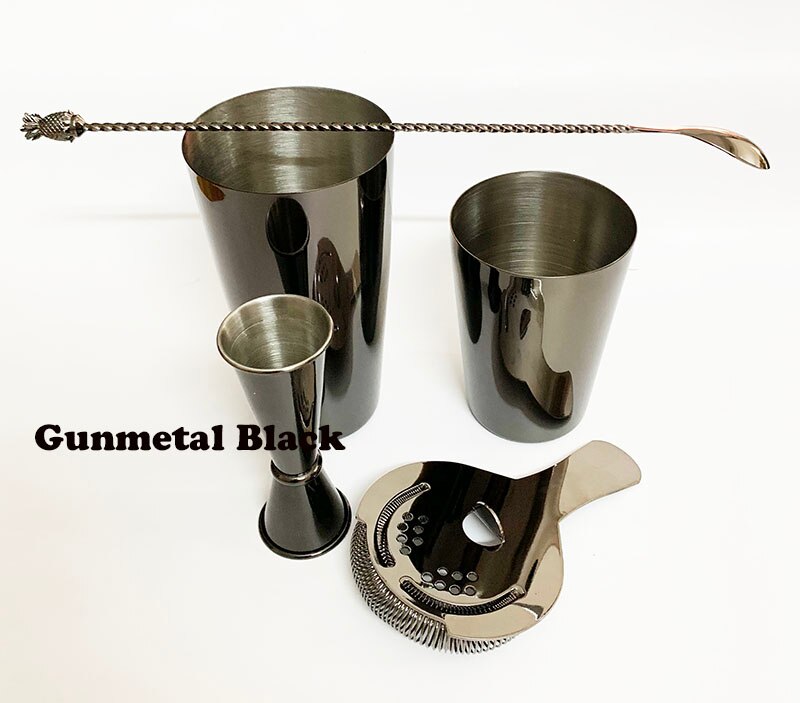 Boston cocktail shaker bar sæt : 18oz & 28oz boston shaker dåse, cocktail si, dobbelt jigger, ananas blandeske: Gunmetal sort