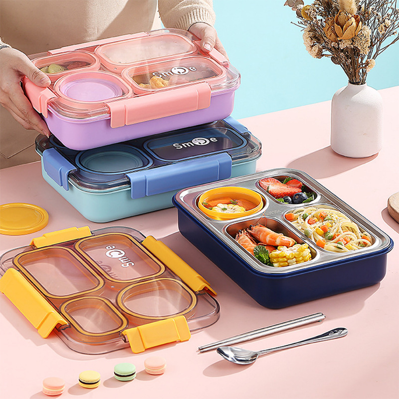 Stainless Steel 4 Divided Compartments Bento Lunch Box Kids Insulated Lunch Box for School Office Kitchen Food Storage Container