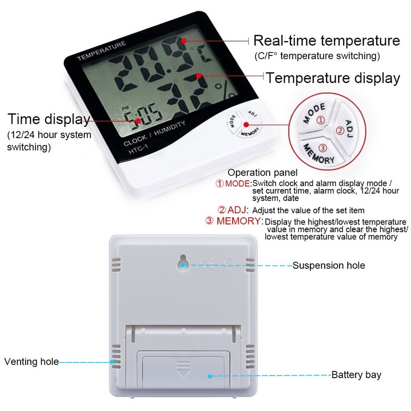 LCD Digital Temperature Humidity Meter -2 -1 Indoor Outdoor hygrometer thermometer Weather Station with Clock^1