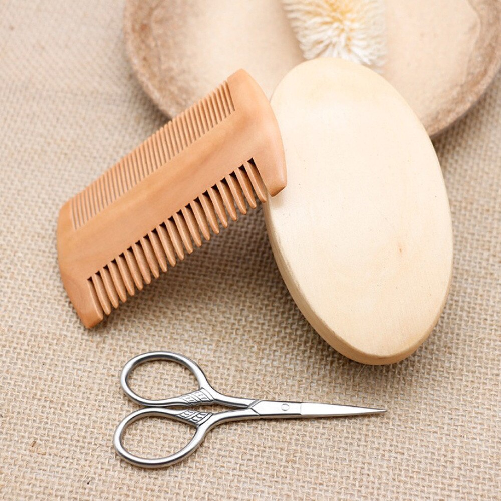 Hårsaks til frisører barber skæg børste skæg kam kit frisør saks træ skæg pleje sæt #0603