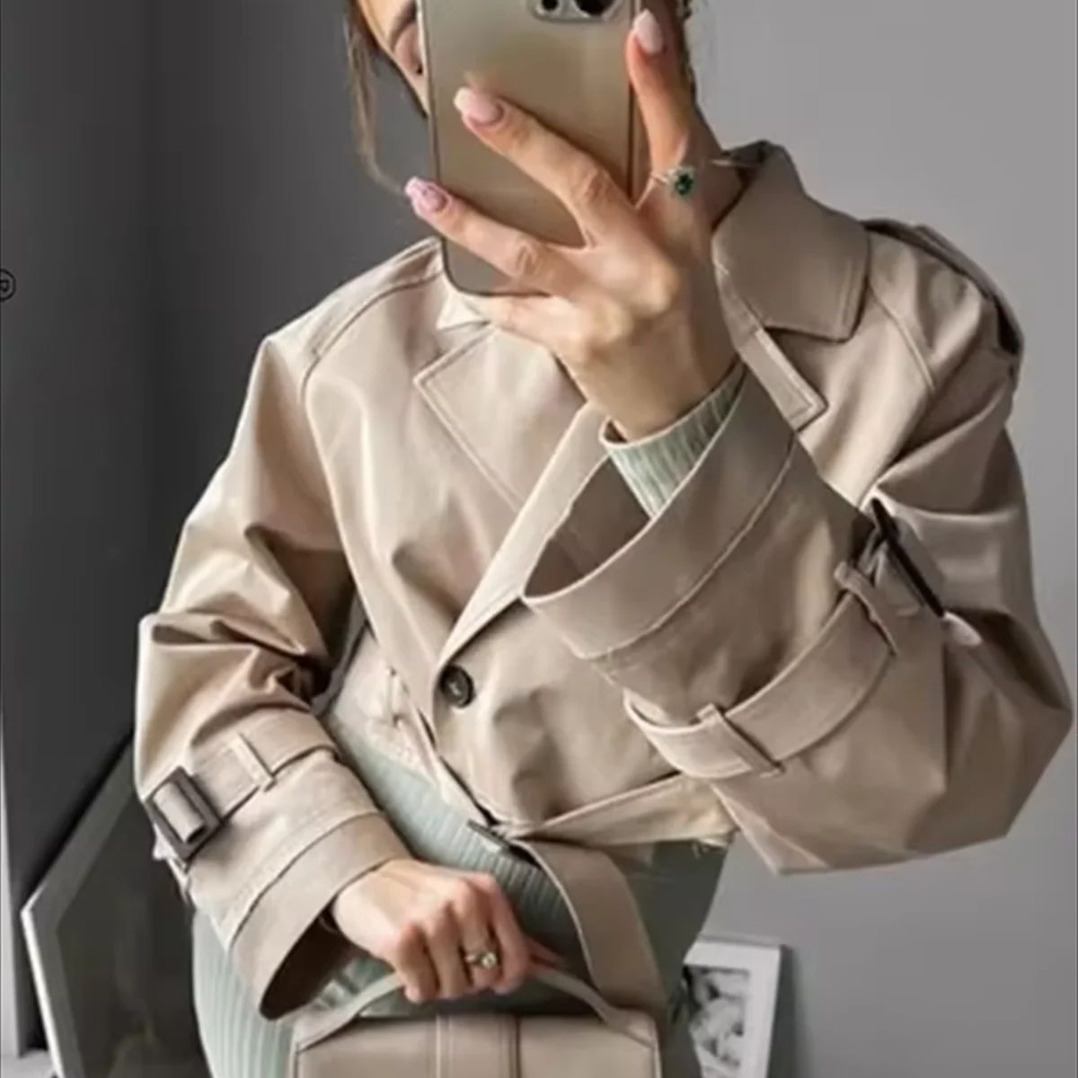 Jahrgang Gürtel Abgeschnitten Graben Jacke Frauen Langarm Revers Mantel Herbst Winter Zweireiher Spitzen Weibliche Streetwear