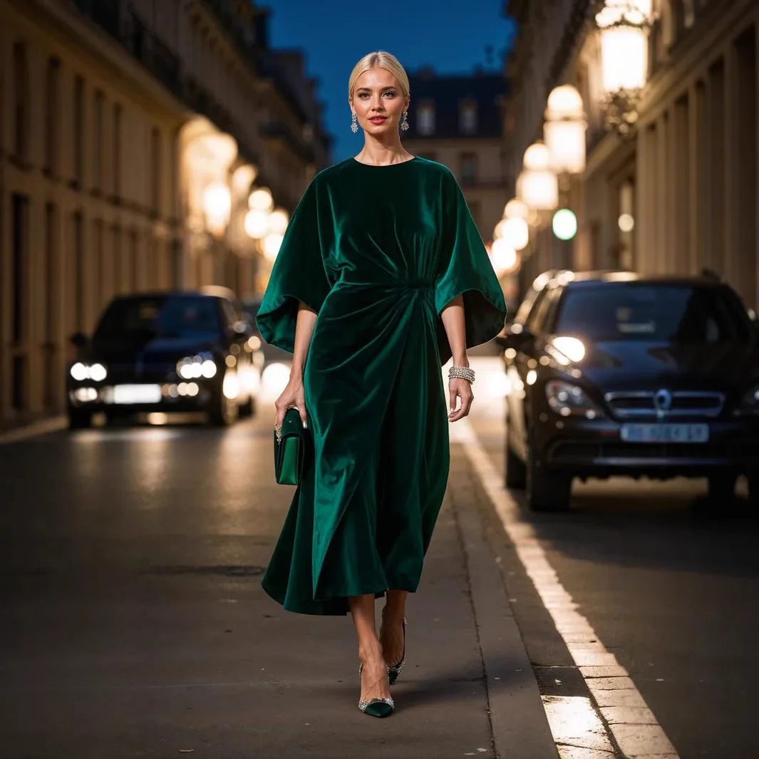 Velvet Waist-Cinching Dress with Batwing Sleeves And round Neck for Women Fashionable And Stylish Long Ankle-Length Gown