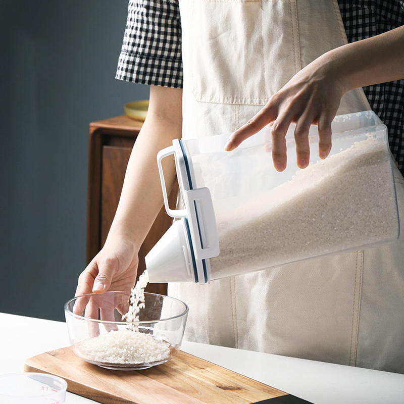 Caja de almacenamiento para dispensador de cereales, recipientes de plástico para cocina, recipiente para comida de grano, tanque sellado de arroz, barril dosificador, taza de medida transparente