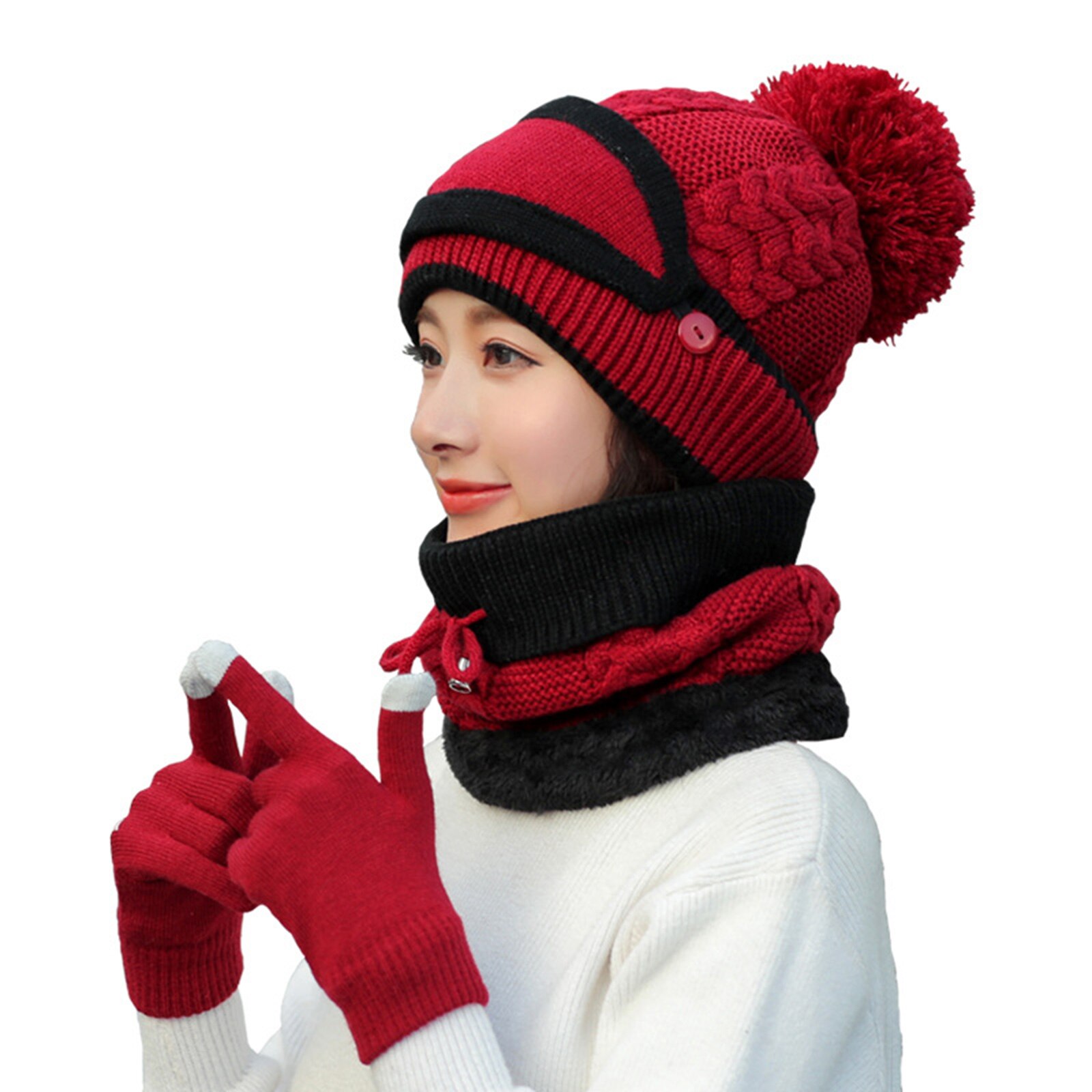 Nyeste 4 stk kvinders vinter tørklæde sæt thickend strikket hat tørklæde ansigt dække handsker udendørs: Rødvin