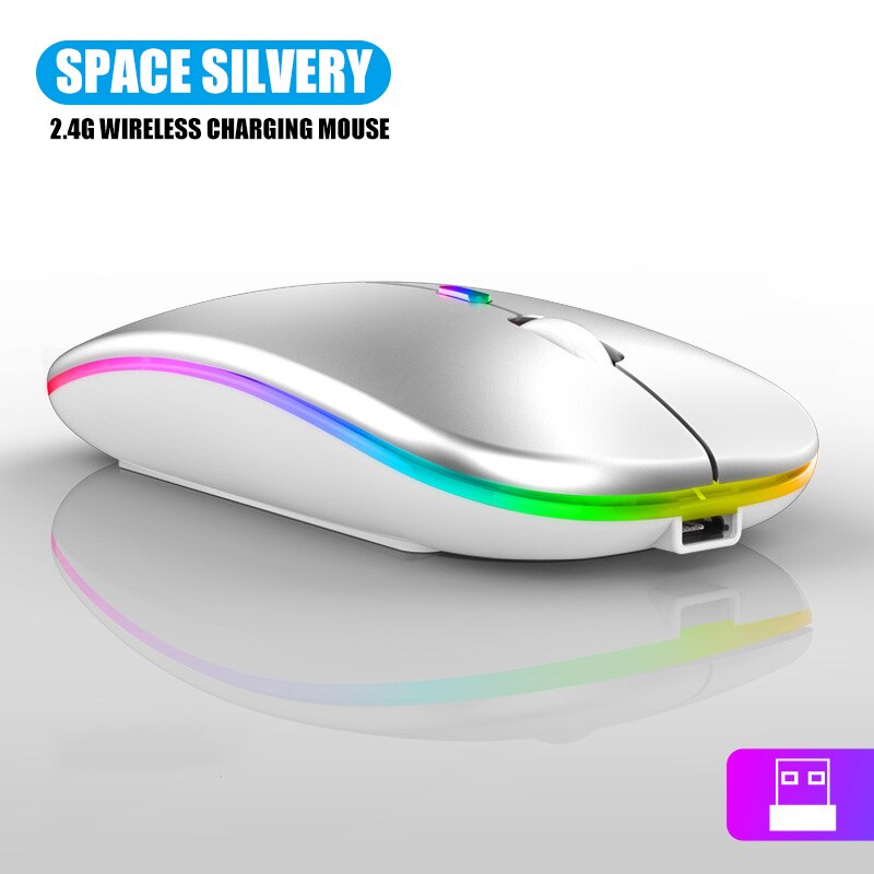 Wireless Mouse 2.4Ghz USB RGB Bluetooth 5.2 Mouse Wireless Computer Silent Mause LED Backlit Ergonomic Gaming Mouse For Laptop: RGB Wireless Silver