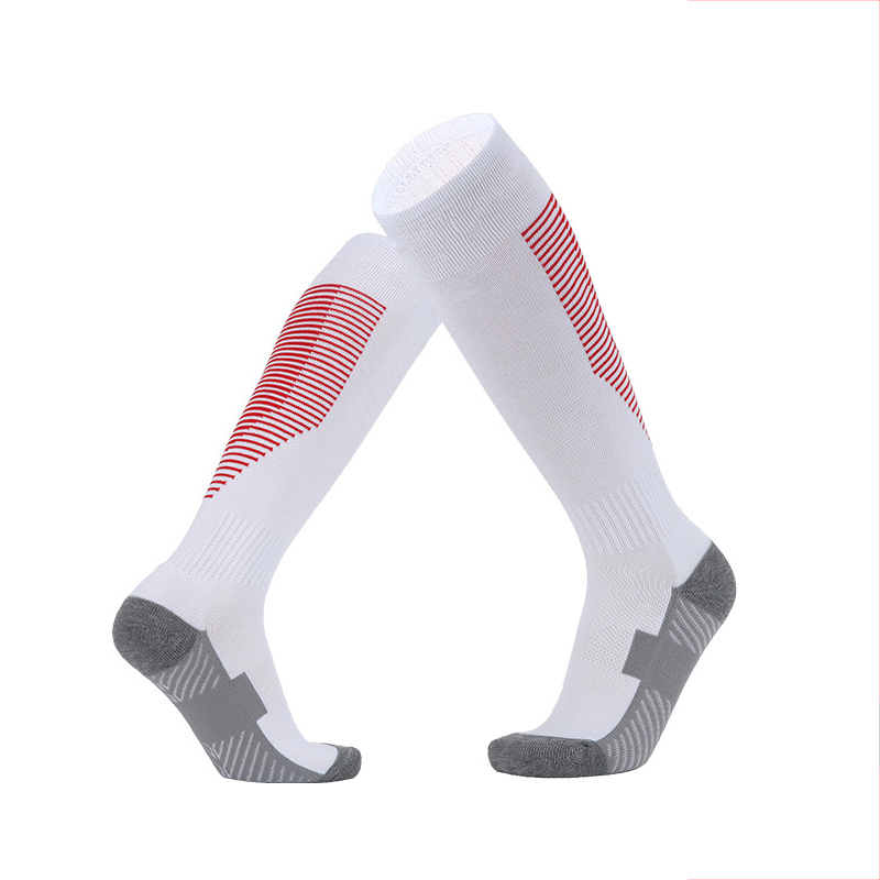 Cotton Football Socks Over the Knee Children High Tube Thickened Soles Non-slip Adult Men&#39;s tTraining Soccerl Socks: White red edge / Adult Size