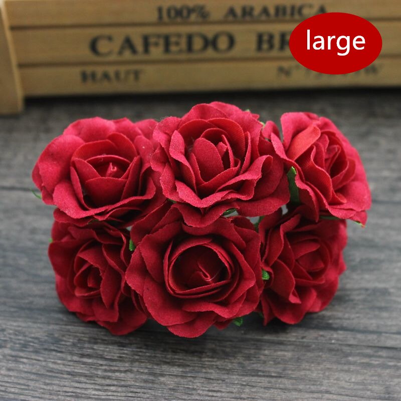 6 pcs 4cm Red Rose Flower Artificial Silk Flower Bouquet for Wedding DIY Scrapbooking Decoration Handmade Flower Garlands: large red wine