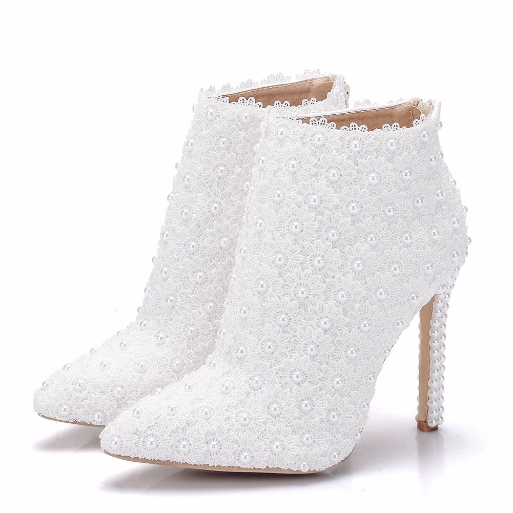 Lederen Laarzen Vrouwen Hoge Hakken Enkellaarsjes Puntschoen Parels Kant Bruiloft Schoenen Lente Herfst Parel Hakken Witte Korte Laarzen: 7