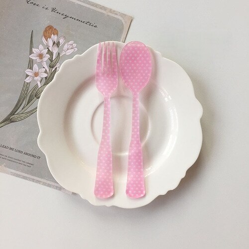 Plateau à Dessert en plastique, plat à gâteau en acrylique, motif de grille, assiettes florales, décoratives, fête de mariage, anniversaire, assiette à fruits cuillère fourchette: Pink spoon fork