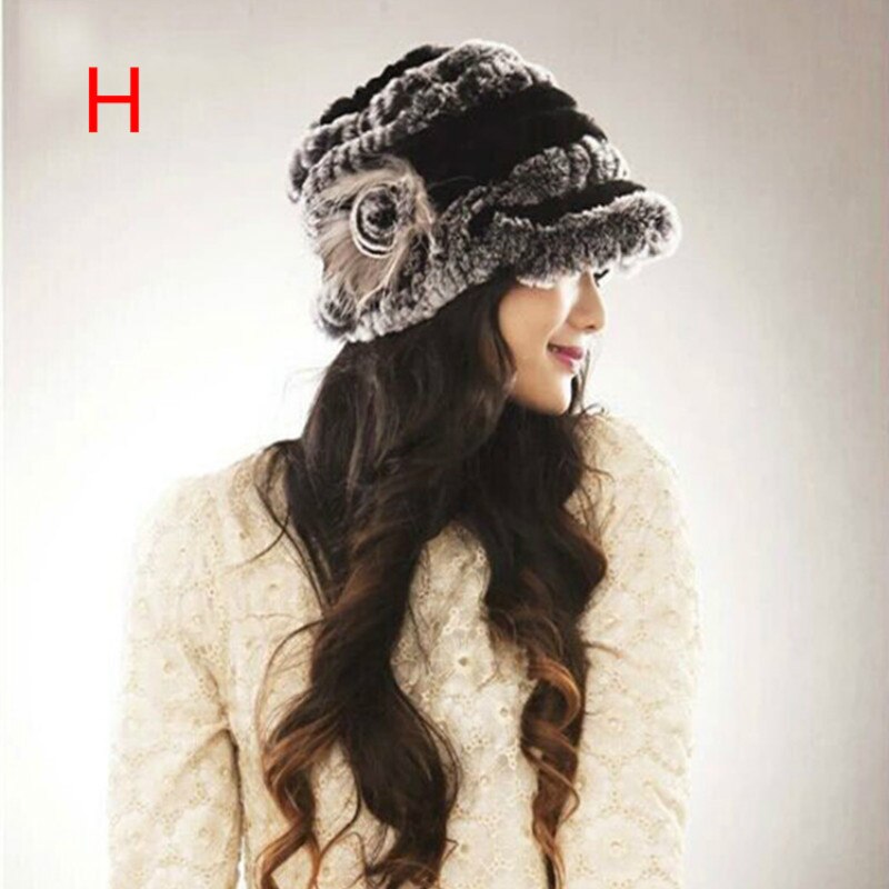 Kaninpels strikket hue vinter kvinders tyk varm andetunge uldhat: H