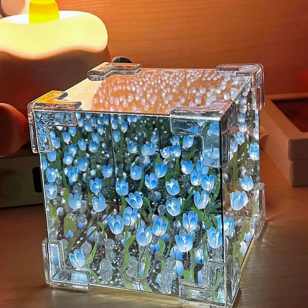 Lámpara de mesa de tulipán artesanal para dormitorio, luz nocturna de espejo de tulipanes, flor de simulación hecha a mano, de cumpleaños