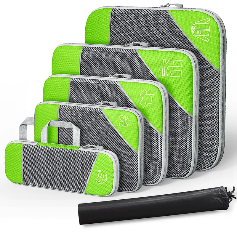 6PCS Travel Compressed Packing Cubes Storage Organizer Set With Shoe Bag Mesh Visual Luggage Portable Lightweight Suitcase Bag: green