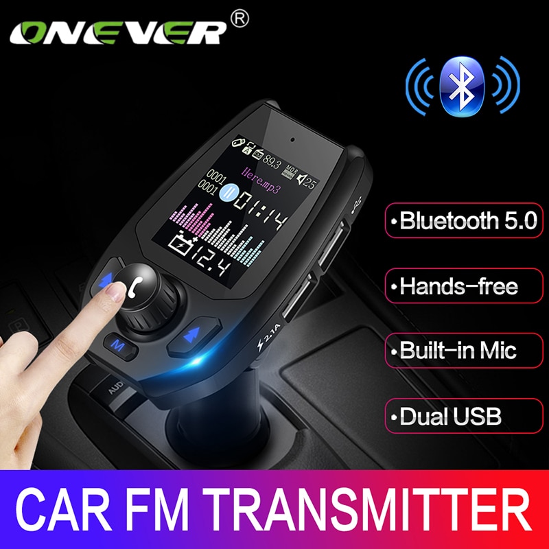 Onever Bluetooth 5.0 5V3.1A FM Transmitter Bluetooth Adapter Battery Voltage Double USB charger with Voice Prompts Modulator