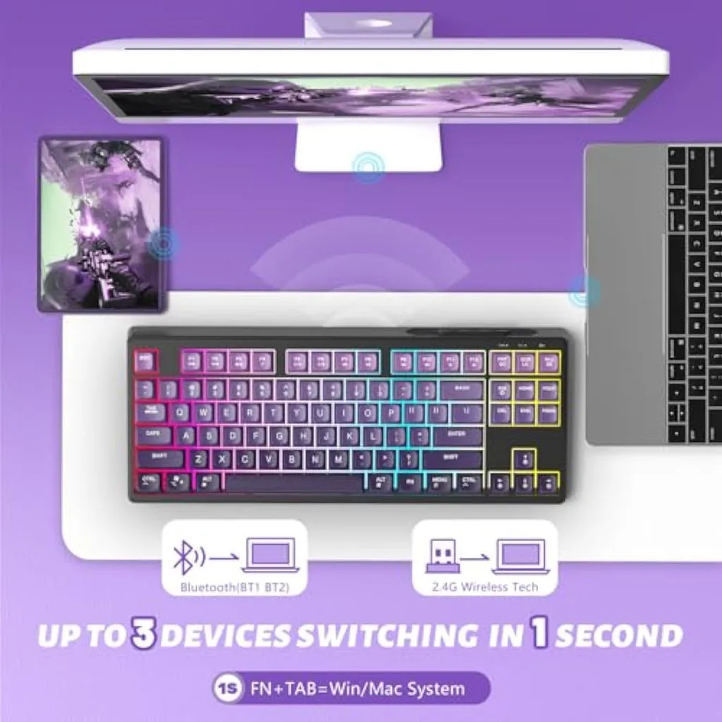 Clavier de jeu sans fil Free Wolf M87 75% – Commutateurs silencieux, rétroéclairage arc-en-ciel, BT/2.4G, capuchons de touches dégradés PBT, compacte