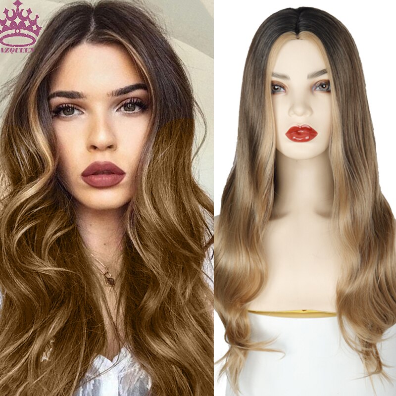 Peluca AZQUEEN largo ondulado para mujer, pelucas de pelo Natural con parte lateral, pelucas sintéticas Ombre de platino/Rubio/pelucas negras resistentes al calor para mujer