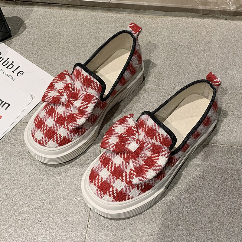 Bow-knot gingham slip on moccasins round toe creepers women shoes casual comfy brief cute loafers all match flats female: Red / 8.5