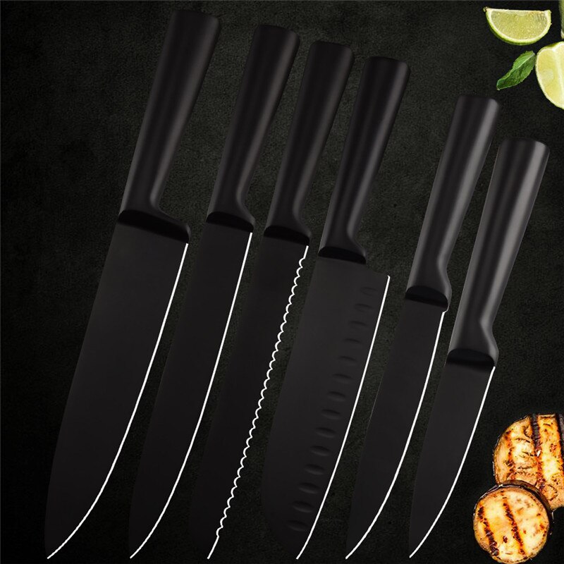 6pcs Stainless Steel Kitchen Chef Black Knives Set Chef Slicing Santoku Utility Paring Knives Meat Fruit Kitchen Accessories: A.6PCS SET