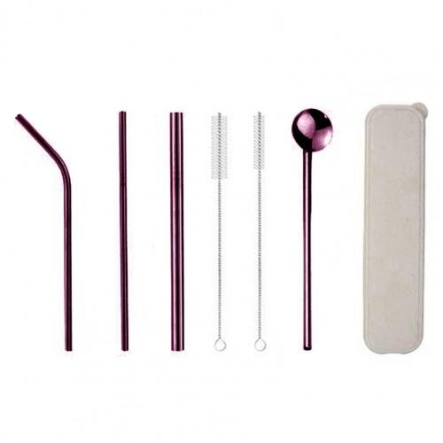 7Pcs/Set Dinnerware Set Reusable Stainless Steel Straws Spoon Drinking Flatware with Cleaning Brush Storage Box Cutlery Set: Purple