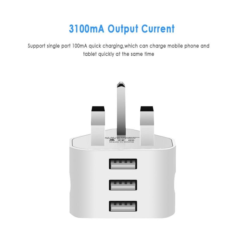 Uk Plug Enkele Usb Dubbele Usb 3USB Adapter Mains 3 Pin Plug Usb Adapter Wall Charger Travel Oplaadkabel: 3A 3USB