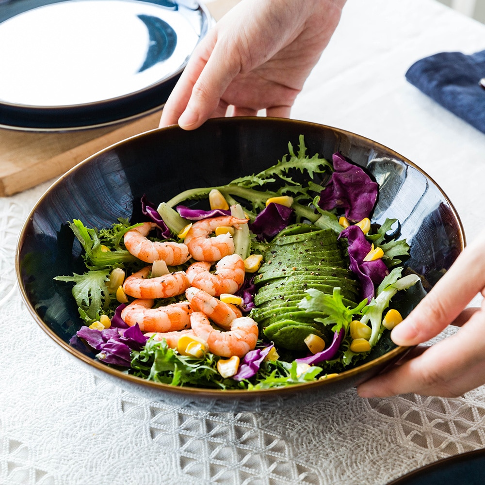 Dim Deep Blue Color Ceramic Tableware European Retro Glazed Dinnerware Pottery Porcelain Dish Plate Household Rice Dish