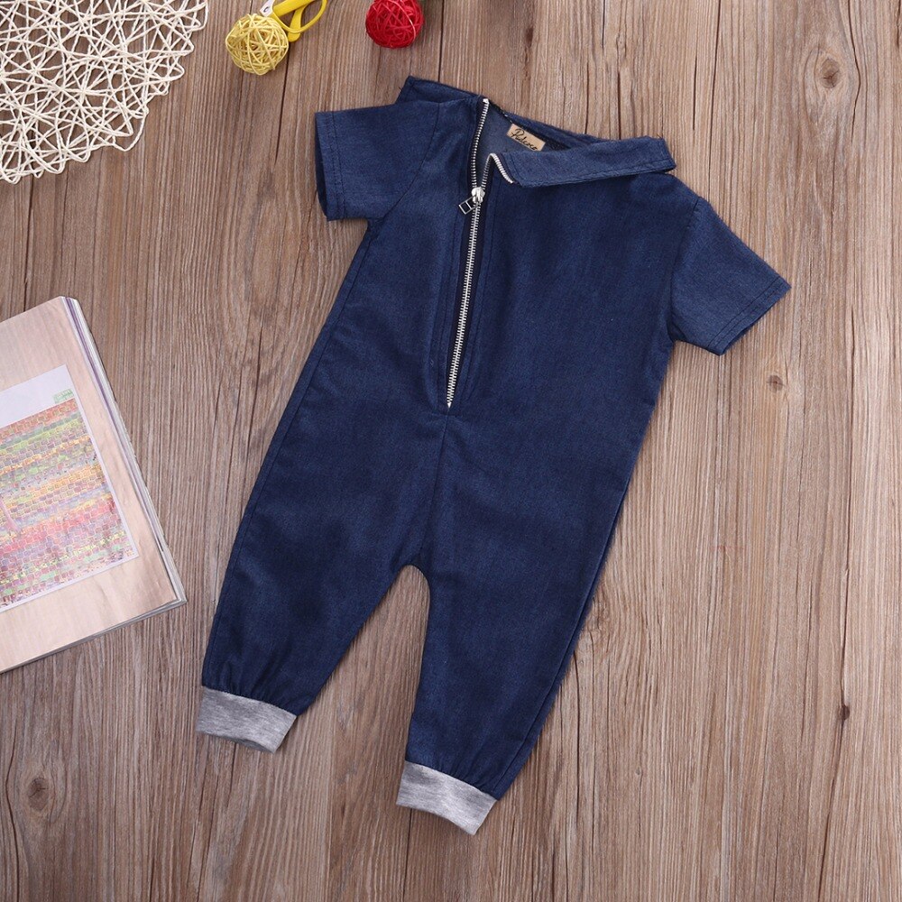 overall Autumn baby boys girls soild color Hooded collar short sleeve zipper overalls pullover