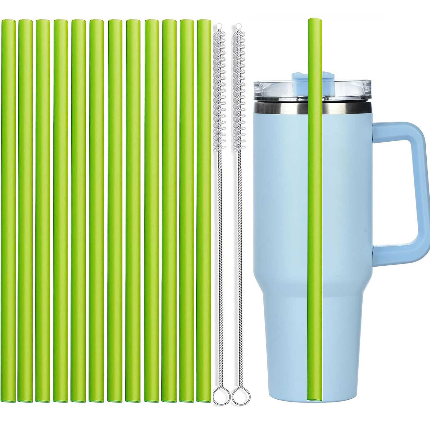 12Pcs Color Replacement Straws for Stanley 30/40 oz Tumbler , 12 in Long Reusable Plastic Straws for Stanley Cup, Plus 2 Brush: light yellow