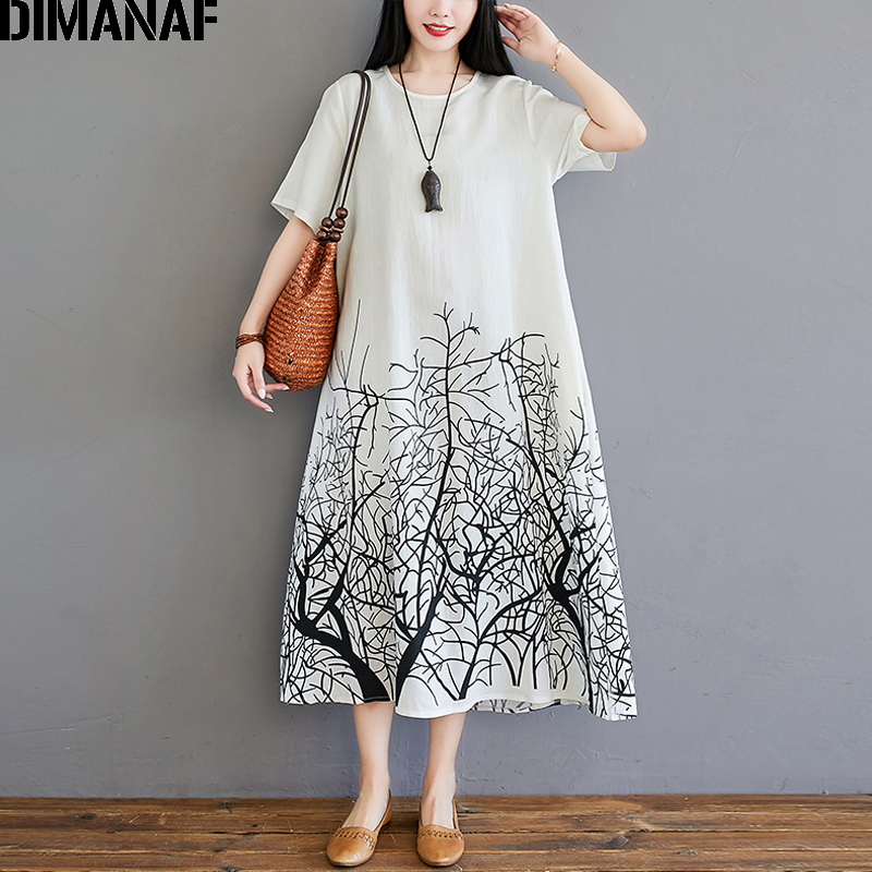 Dimanaf plus size vestido feminino elegante do vintage impressão senhora vestido estilo chinês algodão roupas femininas verão vestido maxi