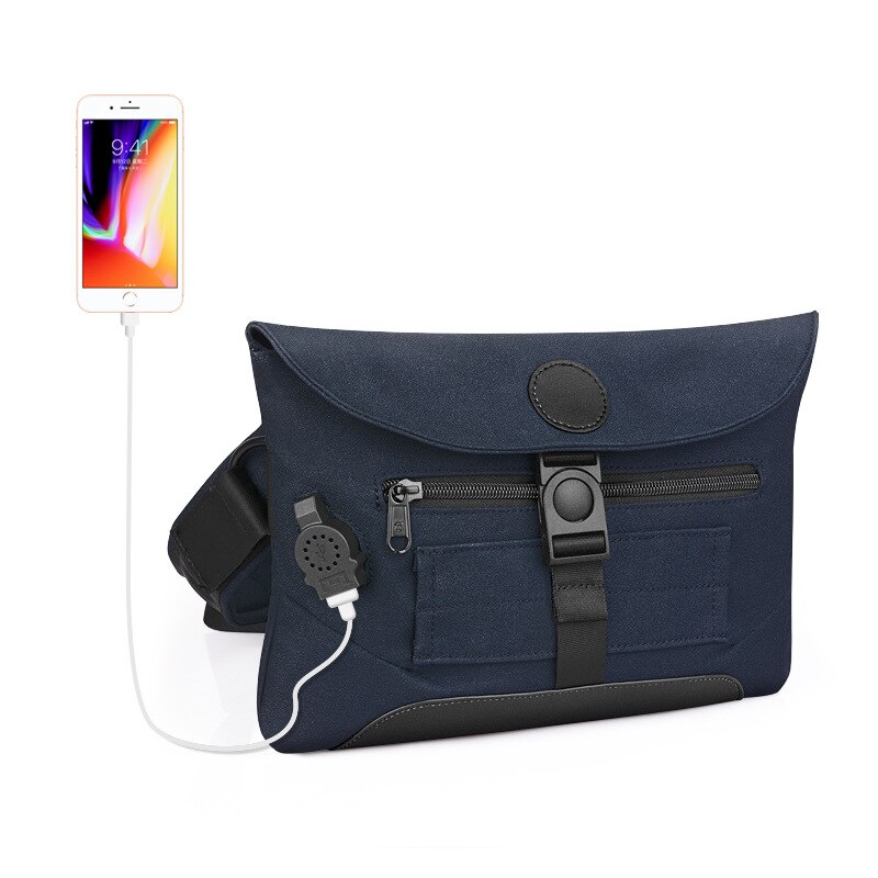9.7 inch iPad Tablet USB Charging Chest Bag Multi-function Water Repellent Nylon Casual Small Shoulder Bags For Male: Blue