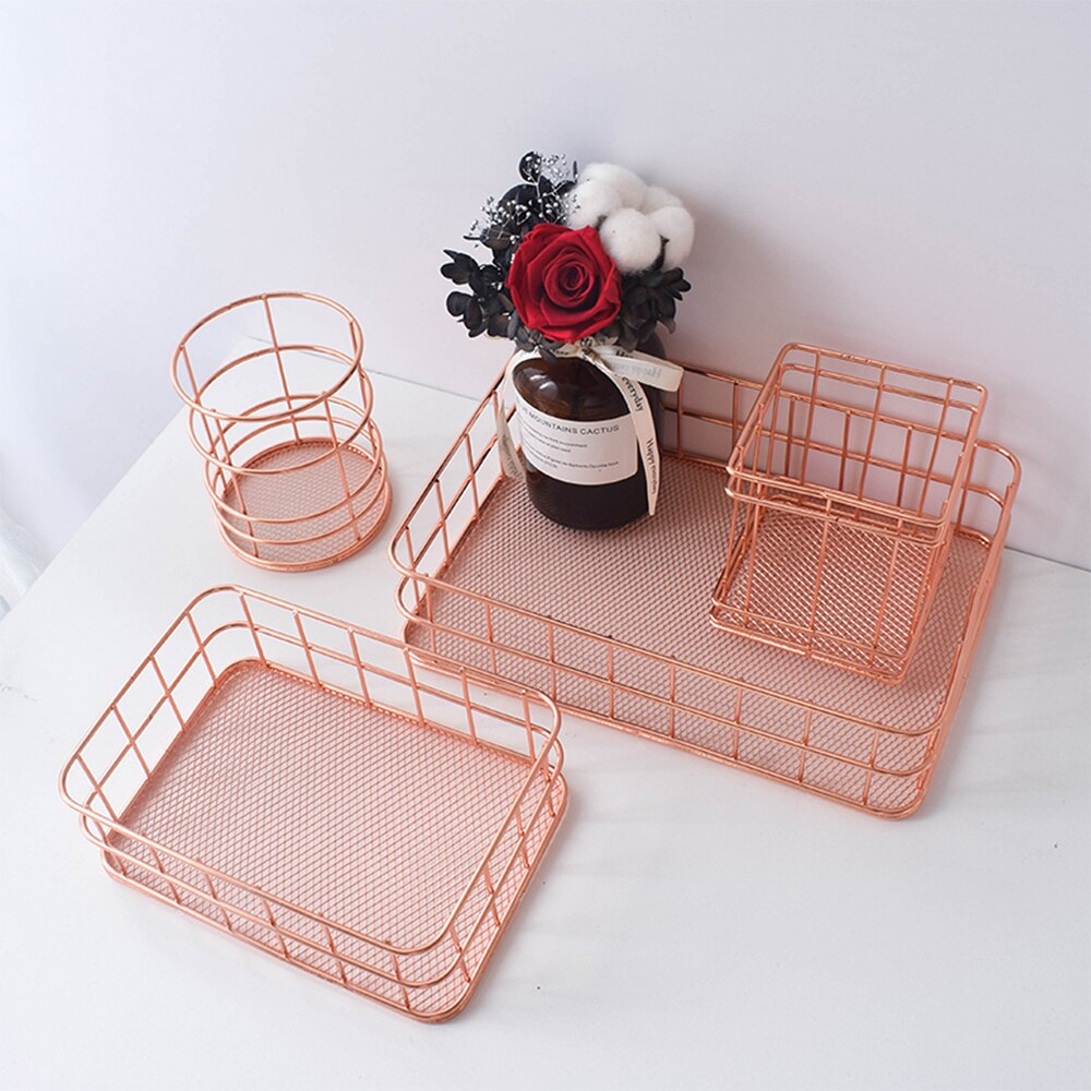 Nordic Rose Gold Metal Wire Iron Storage Basket Office Desktop Sundries Makeup Brushes Holder Table Cosmetics Organizer Rack