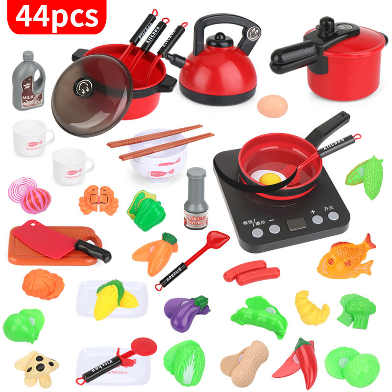 Kids Kitchen Toys for Children Pretend Play Girls Toys Kitchenware Playset Miniature Kitchen Pots Pans Kettle Faked Food