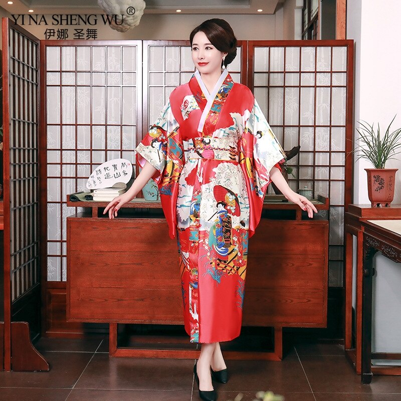 Kimono japonés mujer verano ropa de ocio Kimono Albornoz estampado de satén mujeres estilo largo traje de Cosplay japonés tamaño libre