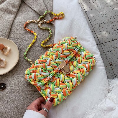 Mode Katoen Geweven Vrouwen Schoudertas Gehaakte Hand Geweven Vrouwen Messenger Bag Keten Vrouwen Tassen Dames Handtassen vrouwelijke Clutch: YELLOW