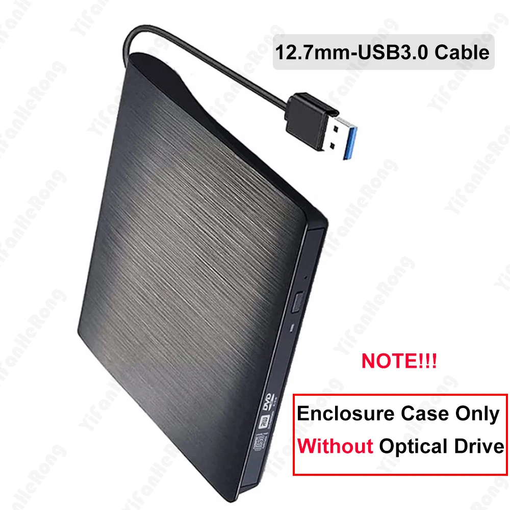 Asemakotelo 12.7/9.5mm usb 3.0 tyyppi c sata ulkoinen dvd cd-rom rw-soitin optisten asemien kotelo kannettavalle pöytätietokoneelle: Musta