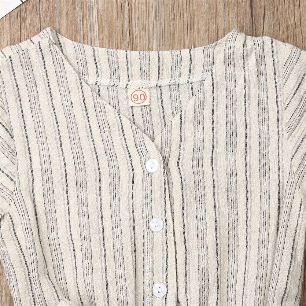 2-7Y Summer Baby Kids Child Girl Stripe Romper Short Sleeve Single Breasted Jumpsuit Clothes Outfit One-Piece