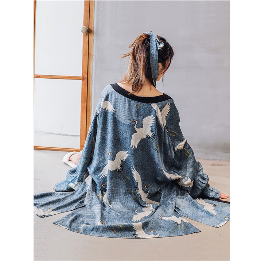 Ukiyo-e-Kimono japonés para mujer, traje de pijama de grulla Vinatge Yukata, abrigo + Top + Pantalones, ropa asiática Haori Samurai Harajuku, 3 uds.
