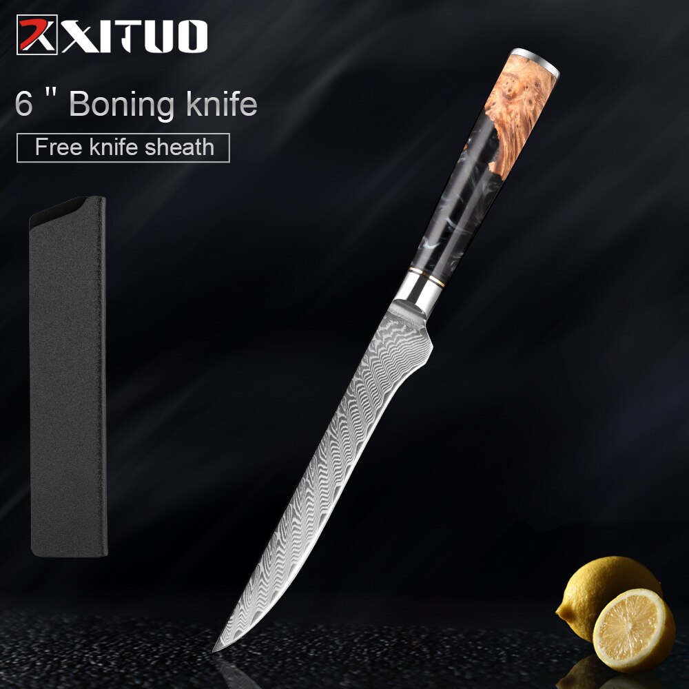 XITUO – ensemble de couteaux de cuisine en acier damas, couteau de chef japonais, couperet à pain utilitaire en résine et manche en bois stabilisé: 6 inch Boning knife