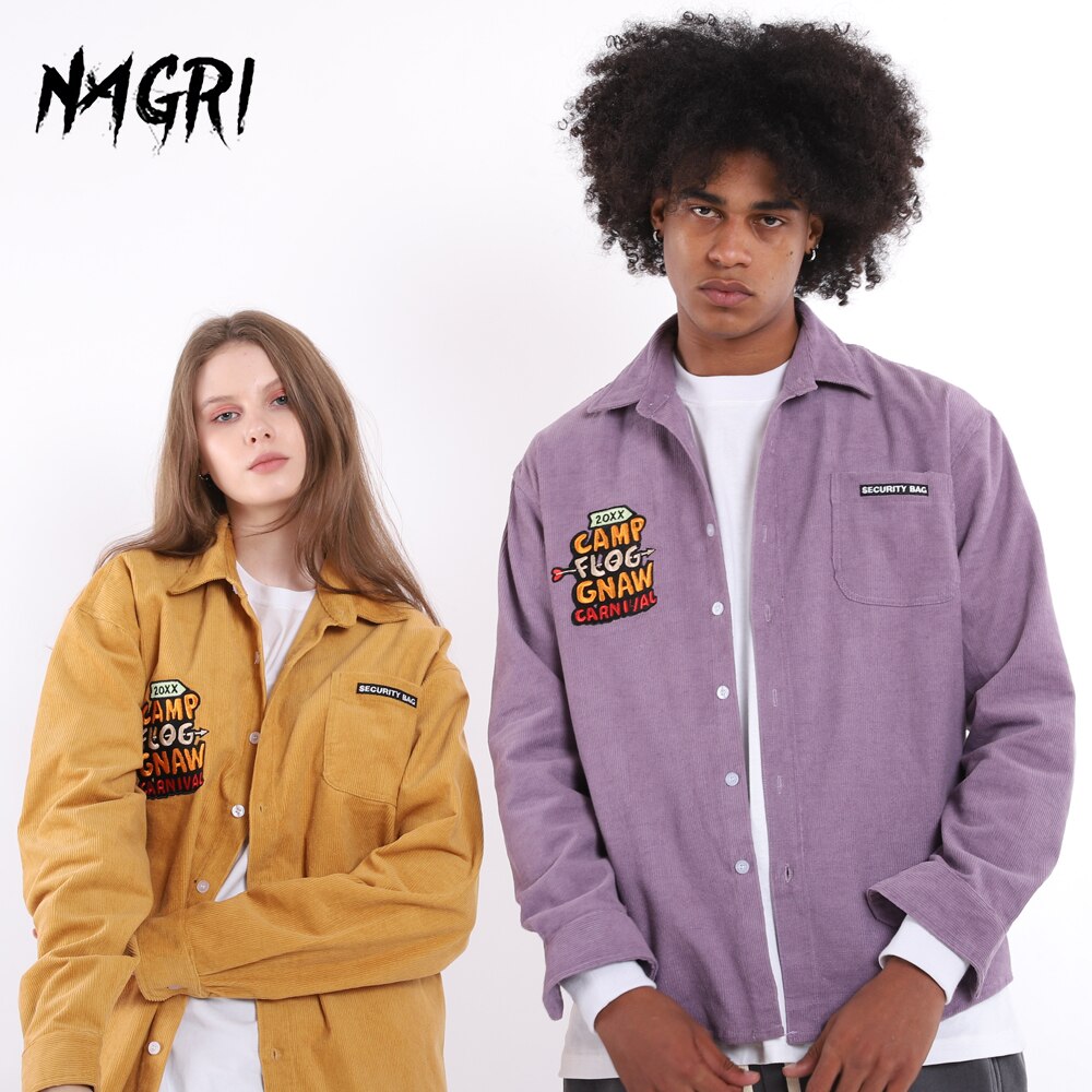 Camisa lisa de manga larga para hombre, Bordado de letras de pana Vintage Preppy de gran tamaño, camisas informales de algodón de estilo coreano