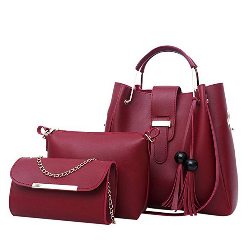 Sac 3 pièces femmes sacs à main ensemble sacs à bandoulière en cuir grande capacité Sac fourre-tout décontracté femme gland seau sacs à main et sacs à main: red