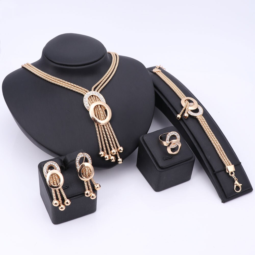 Afrikaanse sieraden sets dames bruiloft gouden kristal kwast ketting bruidsring armband oorbellen accessoires