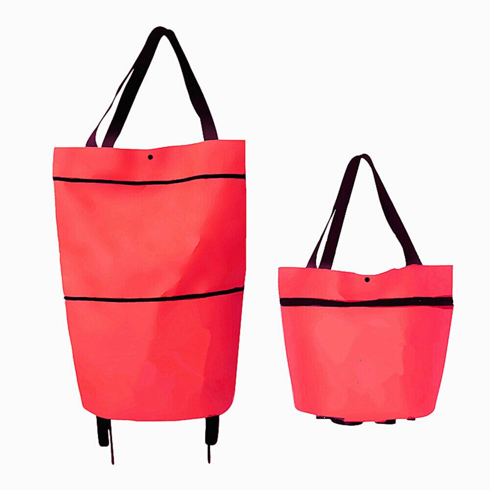 Sammenklappelig indkøbstaske vognpose med hjul købmandstas sammenklappelig håndtaske: Rød