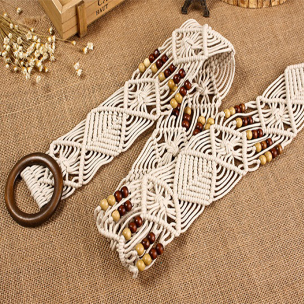Brand Bohemian style belts for women ladies wooden bead Braided wide knitted belts for female dress