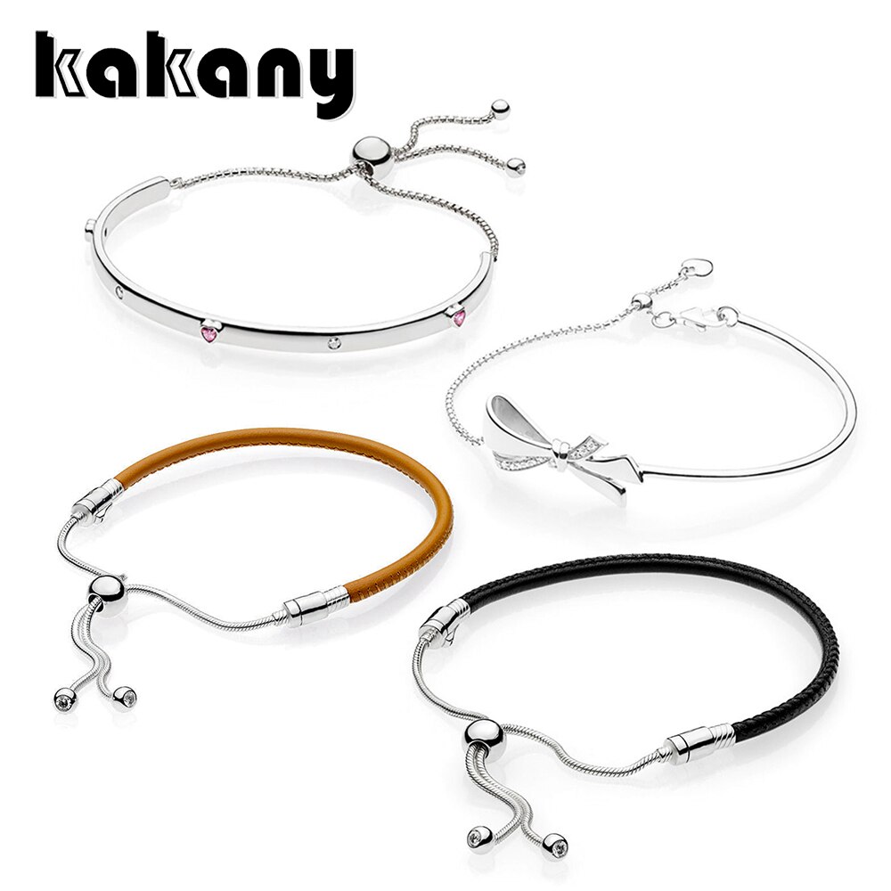 Kakany 100% 925 prata esterlina explosão de amantes jóias brilhante arco momentos dourado tan couro deslizante preto