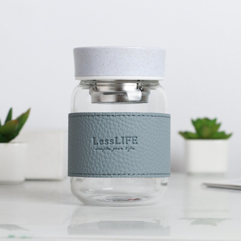 Small Transparent "LESSLIFE " Glass Bottles Water Cartoon Bottle Glass Straw Glasses Simple Cup Waterbottle Bottle: Blue