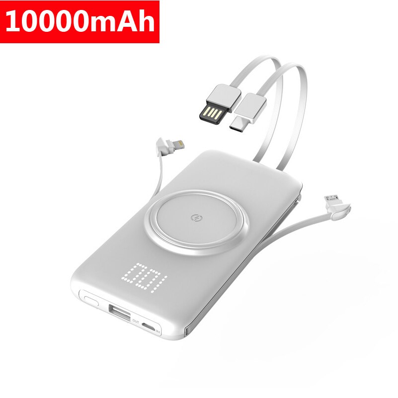 20000mAh Qi Wireless Charger Power Bank For Xiaomi iPhone Samsung Powerbank Built-in Cables External Battery Wireless Power Bank: 10000mAh White