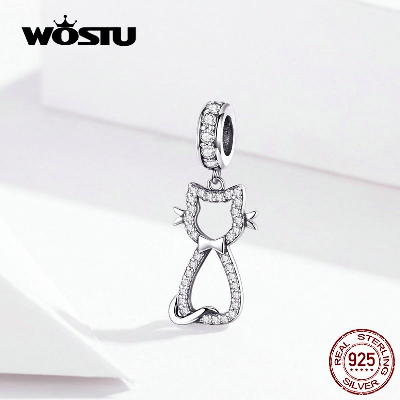 WOSTU Süße Katze Ebene Baumeln Charme 925 Sterling Silber Zirkon Perlen passen Original DIY Armbinde Silber 925 Schmuck, Der CQC1162