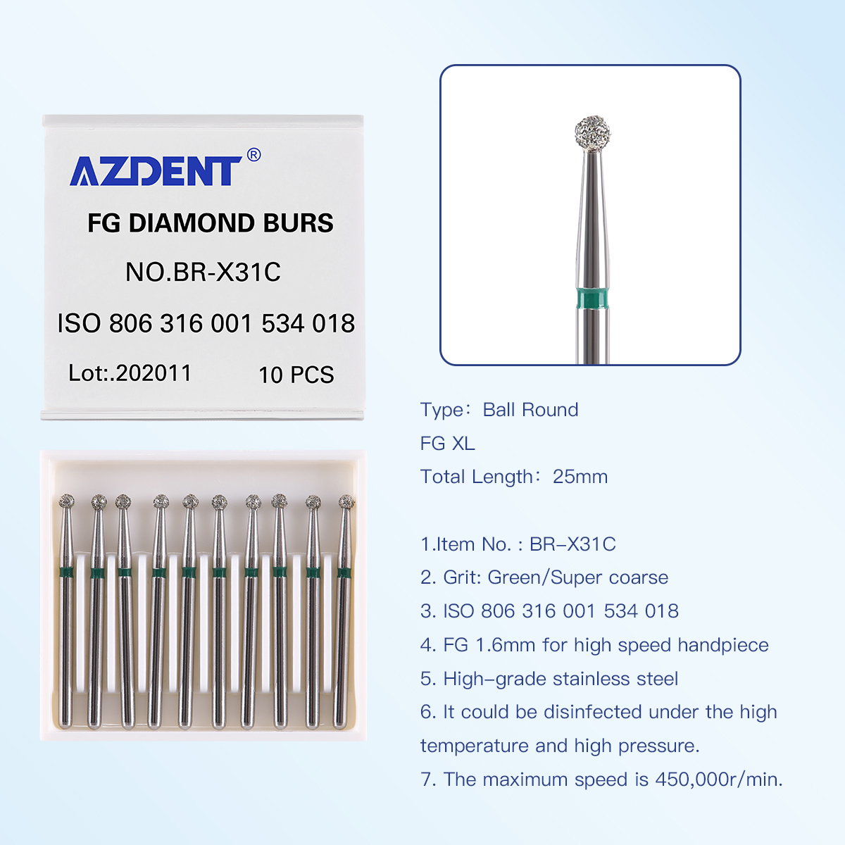 AZDENT Dental Diamond Bur FG Burs 1.6mm For High Speed Handpiece Length 25mm XL Type Ball Round Shape10pcs/Box: Silver