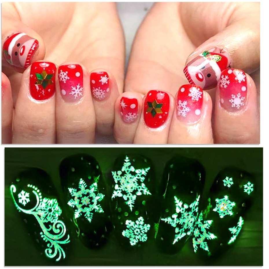 Lichtgevende Effect 3D Kerst Sneeuw Nail Sticker Glitter Nail Art Decoratie Stickers Manicure Tips Tool Nail Accessoires