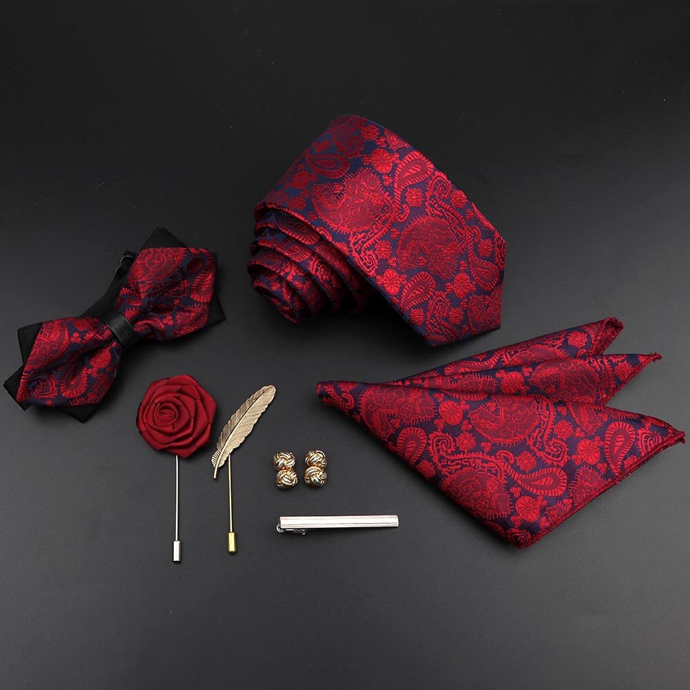 Enfärgad siden herr slips set polyester jacquard vävd slips fluga kostym vintage röd blå för brudgummen företag bröllopsfest: 32