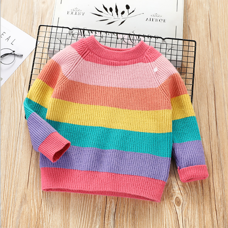 1-5 ans bébé fille vêtements d'hiver arc-en-ciel rayé tricot pull enfants col rond enfant en bas âge garçon vêtements pull de noël