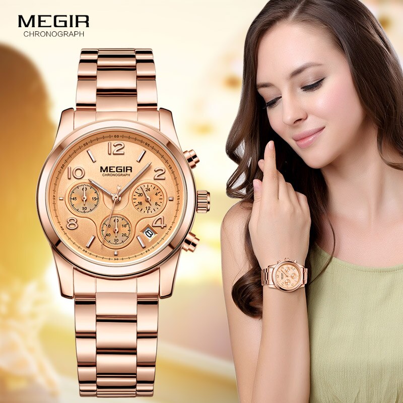 Reloj Megir mujer cronógrafo reloj de cuarzo con oro de acero inoxidable brazalete de acero 24 horas calendario pantalla reloj de pulsera para mujer 2057